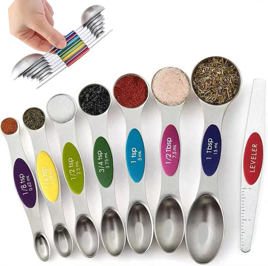 Magnetic Measuring Spoons Set, 7 Measuring Spoons and Cups 1 Leveler Stainless Steel Dual Sided Stackable Teaspoon for Liquid and Dry Ingredients