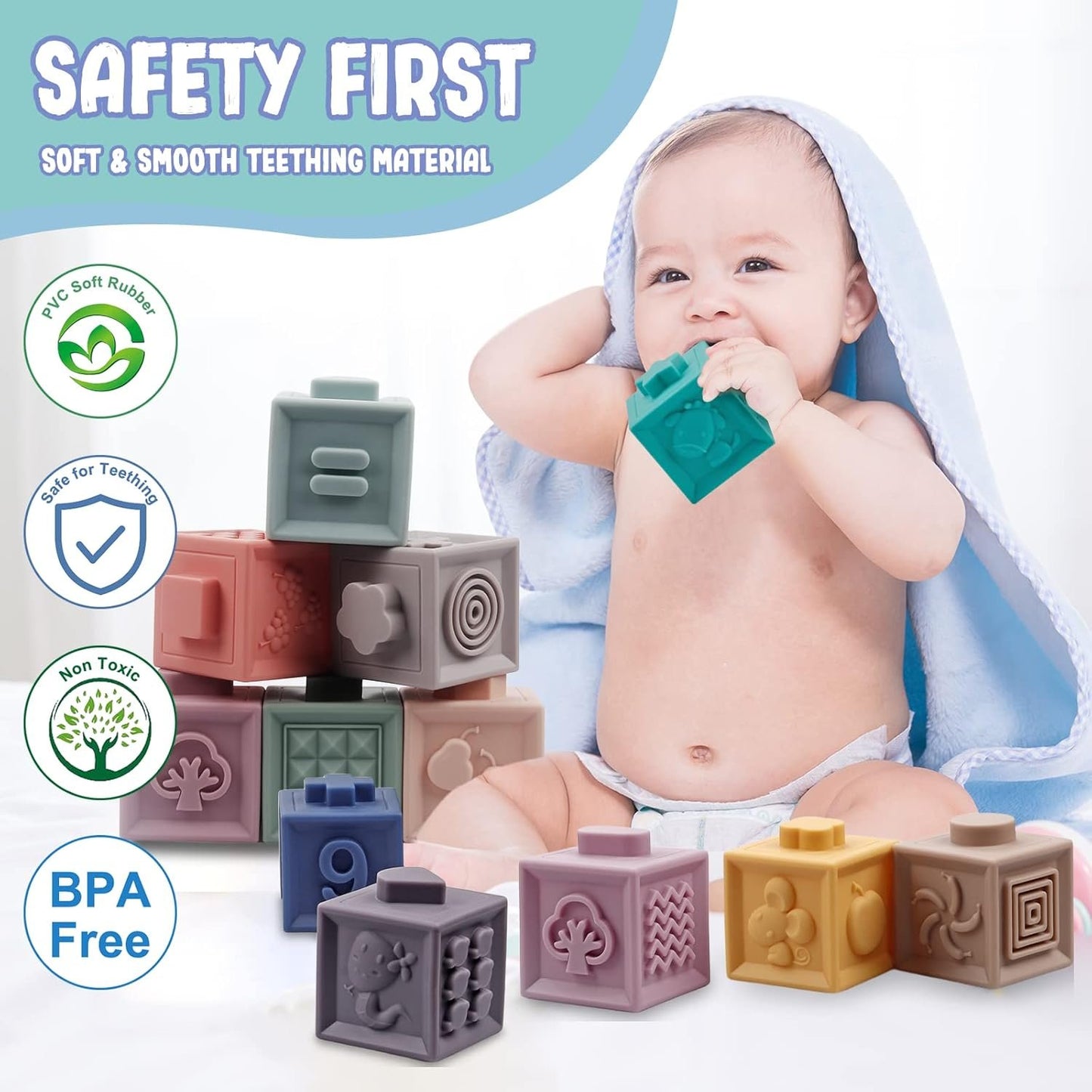 Plunack Baby Toys 6-12 Months Montessori Sensory Toys for Toddlers 3 in 1 Stacking Building Blocks Soft Infant Teething Toys Educational Learning Toys for Babies 3-6-9-12 Months Boys Girls