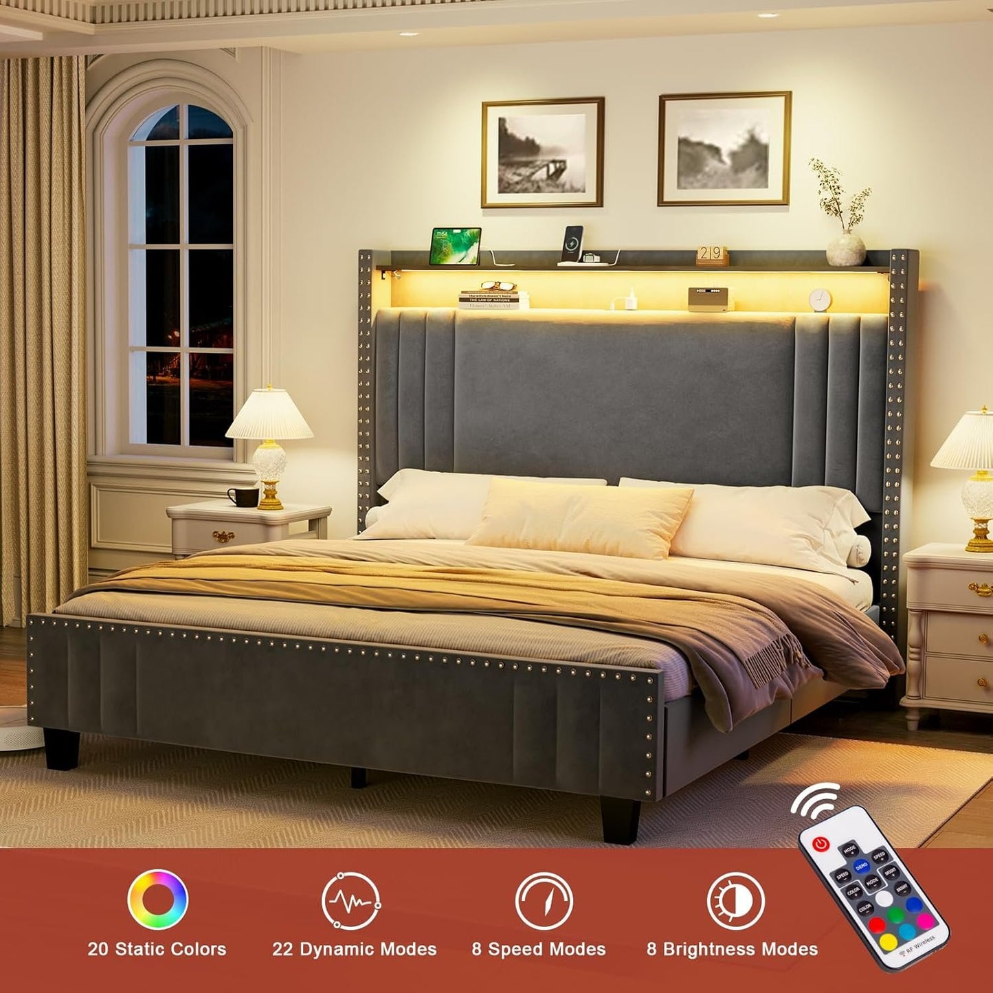 ROLETALENT Queen Bed Frame with Storage Tall Headboard & LED Light,Velvet Upholstered Bed Frame Queen Size with Charging Station,Platform Bed Frame,No Box Spring Needed Dark Grey
