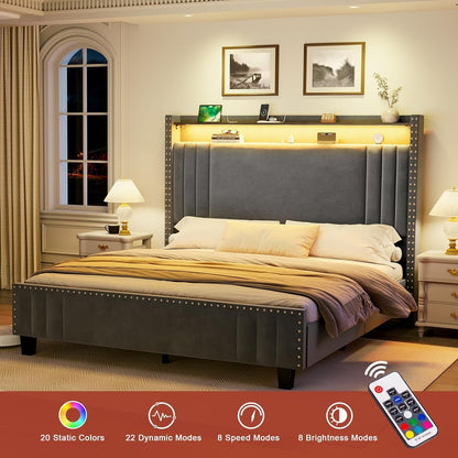 ROLETALENT Queen Bed Frame with Storage Tall Headboard & LED Light,Velvet Upholstered Bed Frame Queen Size with Charging Station,Platform Bed Frame,No Box Spring Needed Dark Grey