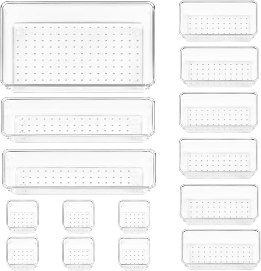 Vtopmart 15 PCS Clear Plastic Drawer Organizers Set, 4-Size Versatile Bathroom and Desk Drawer Organiser Trays for Makeup, Jewelries, Office, Kitchen Utensils and Home storage & organisation