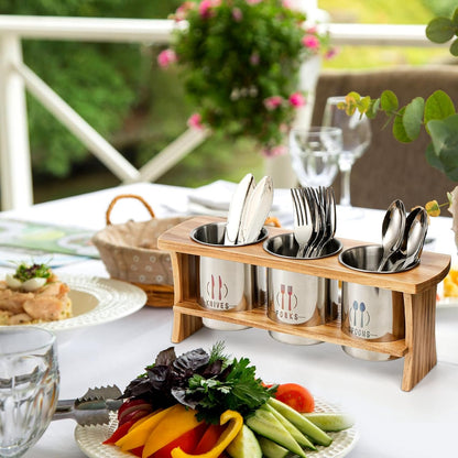 Lyellfe Silverware Holder for Countertop, Stainless Steel Cutlery Utensil Organizer with Bamboo Stand, Rustic Flatware Holder for Spoon, Fork, and Knife