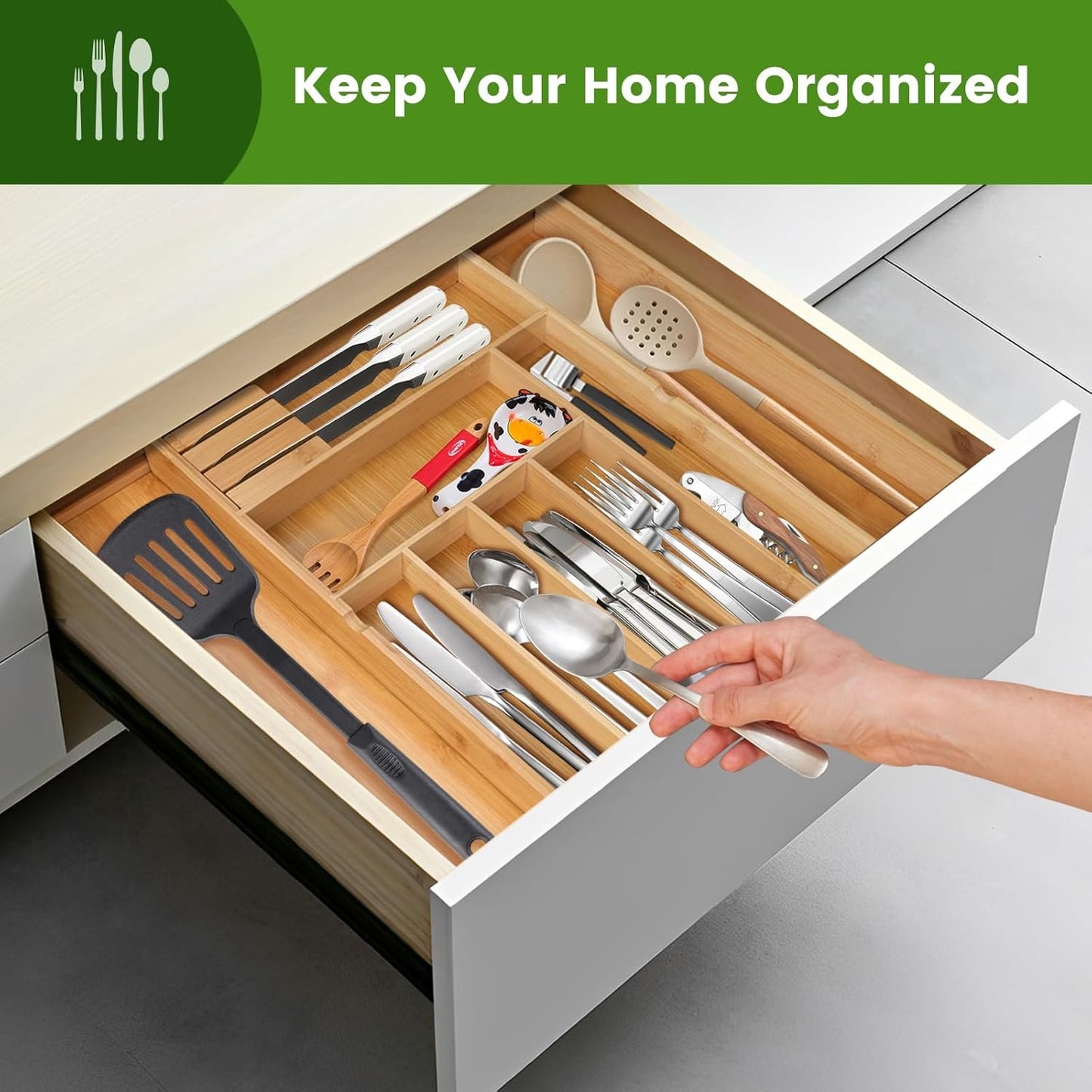 Expandable Cutlery Organizer, 7-9 Slot Bamboo Utensil Drawer Organizer with 2 Removable Knife Blocks, Adjustable Wooden Cutlery Tray Holder Kitchen Drawer Organizer for Silverware, Flatware