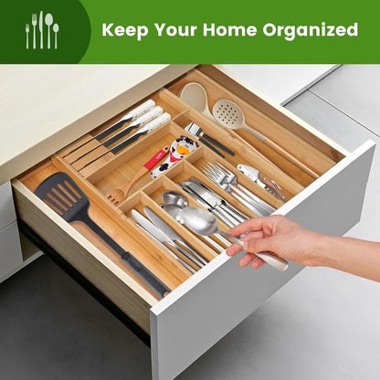 Expandable Cutlery Organizer, 7-9 Slot Bamboo Utensil Drawer Organizer with 2 Removable Knife Blocks, Adjustable Wooden Cutlery Tray Holder Kitchen Drawer Organizer for Silverware, Flatware