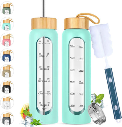 SipZest 32 oz Glass Water Bottle with Straw - Motivational Time Marker & Silicone Sleeve - Reusable Tumbler Includes 2 Bamboo Lids & Fruit Infuser - 1 Pack