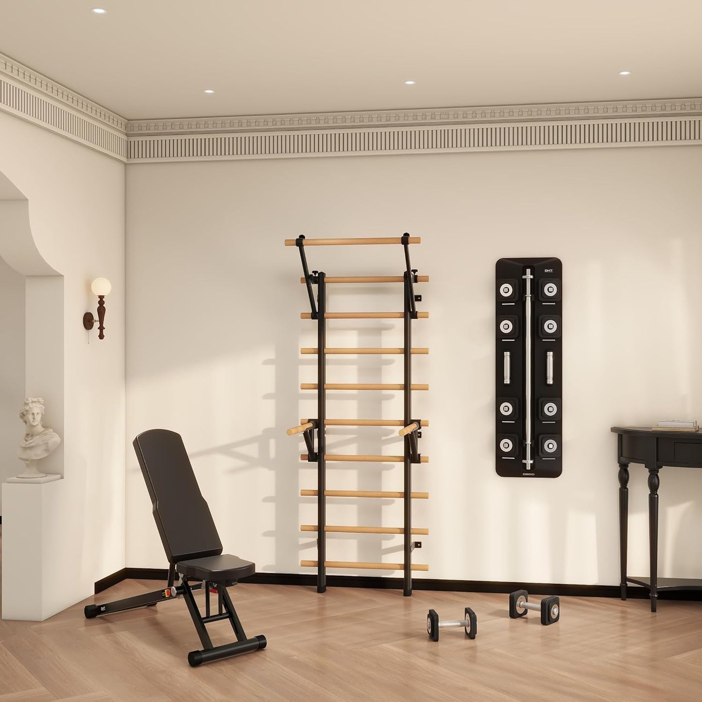 DHT Wood Stall Bar, Swedish Ladder Suspension Trainer with 9 Strategic Rods, for Home, Gym, School and Clinics