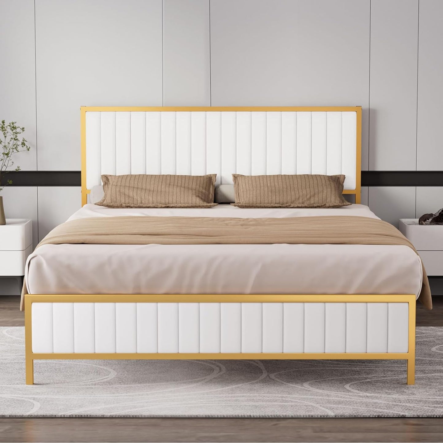 Levede Metal Queen Bed Frame, PU Fabric, Upholstered Headboard, Elevated Design, Under Bed Storage Space,13 Metal Slats Support, Easy Assemnly Platform Bed, Beige