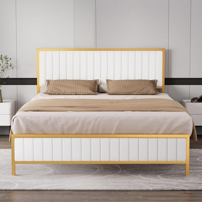 Levede Metal Queen Bed Frame, PU Fabric, Upholstered Headboard, Elevated Design, Under Bed Storage Space,13 Metal Slats Support, Easy Assemnly Platform Bed, Beige