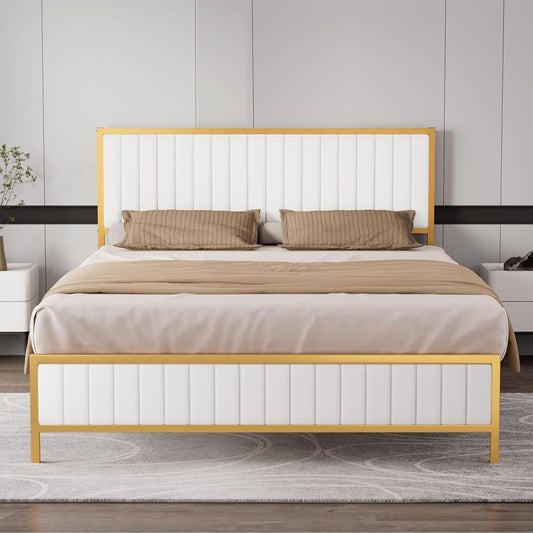 Levede Metal Queen Bed Frame, PU Fabric, Upholstered Headboard, Elevated Design, Under Bed Storage Space,13 Metal Slats Support, Easy Assemnly Platform Bed, Beige