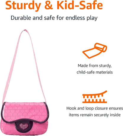 Amazon Basics Pretend Play Purse Toy For Kids Ages 3 and Up, Handbag Including Smartphone, Sunglasses, Makeup Compact, Keys and Credit Card, 8-Piece Set, Pink