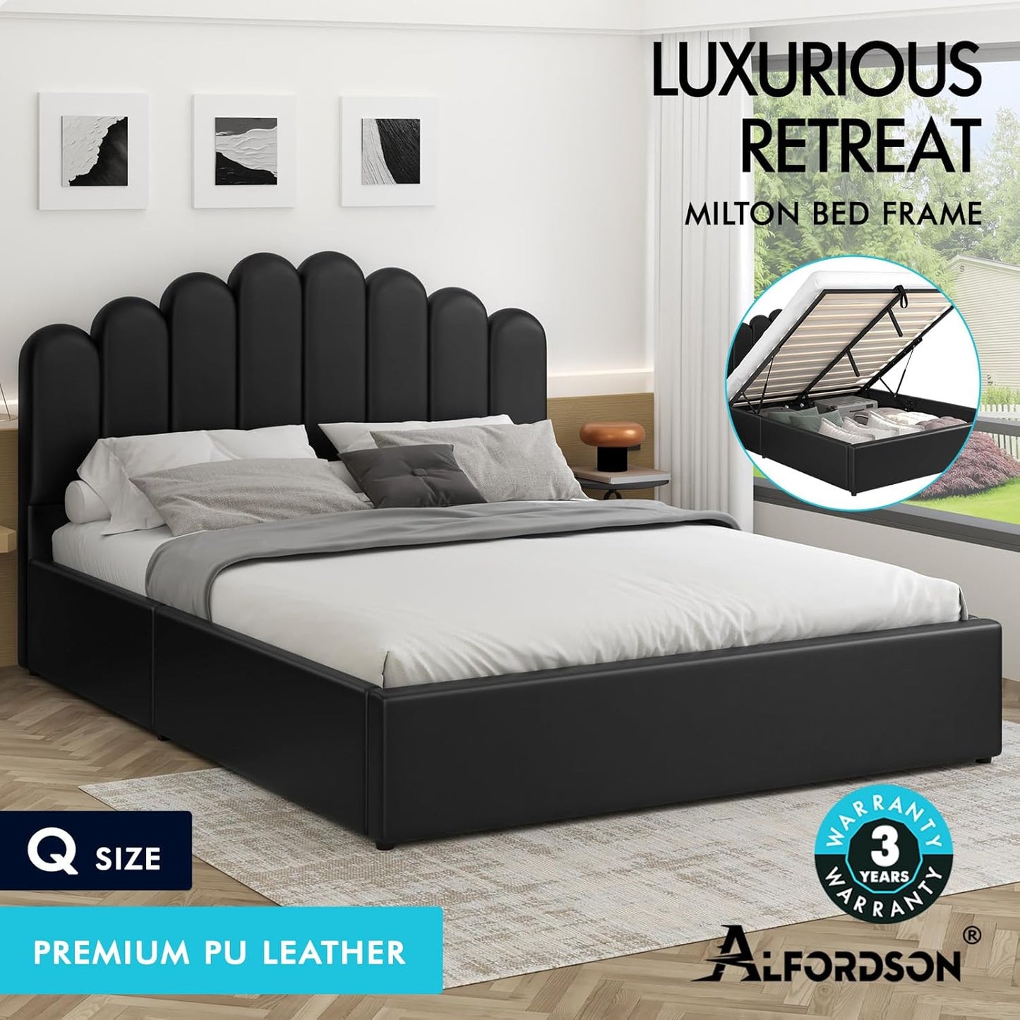 ALFORDSON Bed Frame with Gas Lift Storage Base Queen Size, Bed Platform Foundation with PU Leather Upholstered Tufted Headboard for Mattress Topper, Milton Black