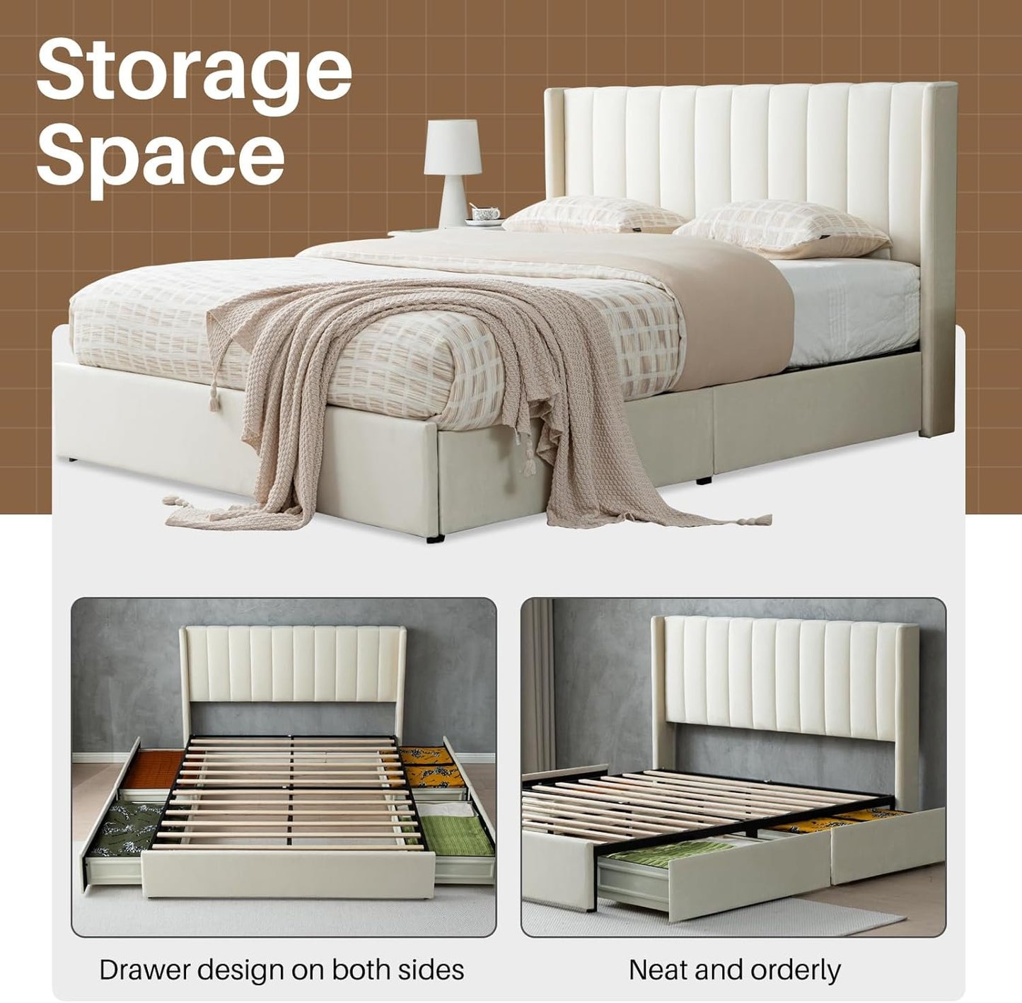 YUHUASHI Upholstered Queen-Size Platform Bed Frame with 4 Storage Drawers and Headboard, Velvet Upholstery with Wooden Slats Support, No Box Spring Required (Cream, Queen)