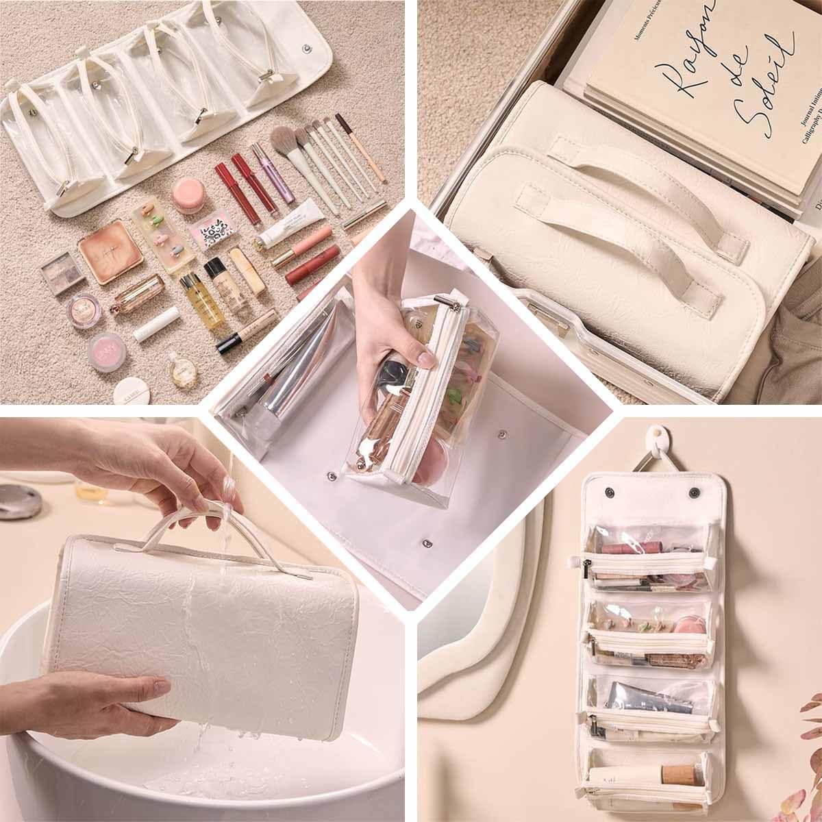 Leather Waterproof Cosmetic Bag,Portable 4-In-1 Foldable Cosmetic Bag,Detachable Large Capacity Makeup Organizer Toiletry Bag,Multi-Compartment Travel Accessories Makeup Case (brown)
