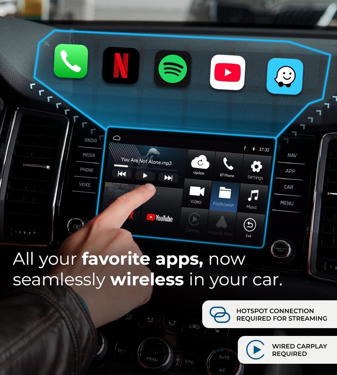 AutoSky Ai Box Lite Air - Streaming on the Go, Netflix and Youtube in your car. Convert Your Wired CarPlay into Wireless CarPlay or Android Auto. HotSpot Required for Streaming. Wired CarPlay Required