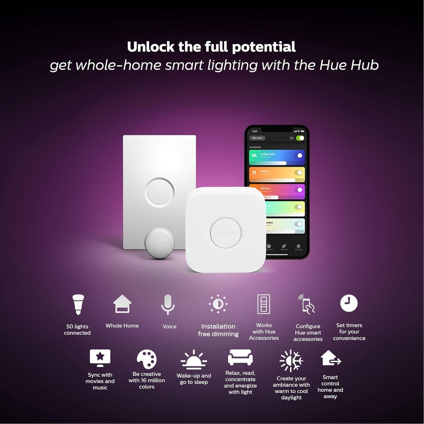 Philips Hue White and Color LED Smart Button Starter Kit, 3 A60 Smart Bulbs, 1 Smart Button and 1 Hue Hub (Compatible with Alexa, Apple HomeKit and Google Assistant)