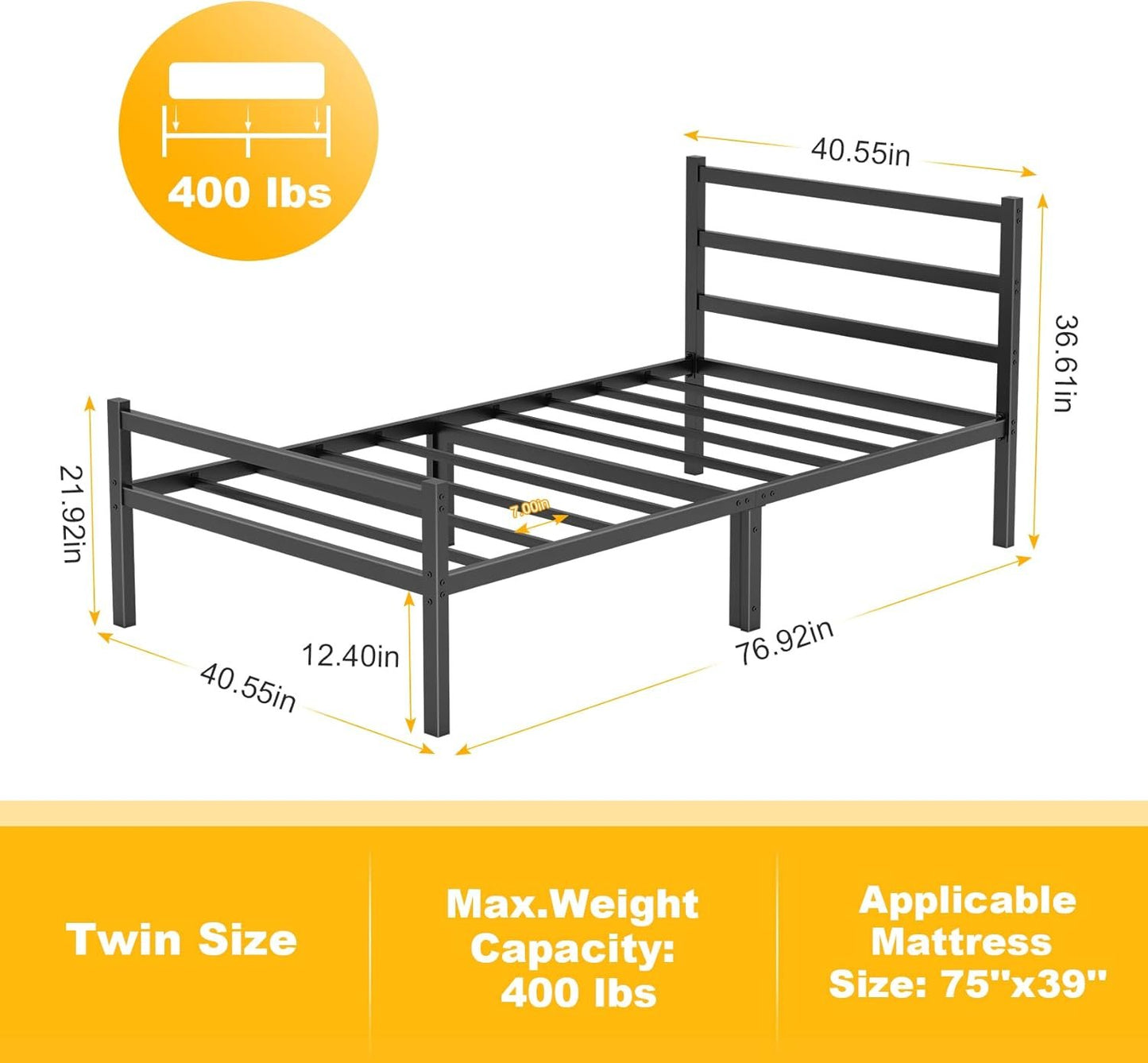 Mr IRONSTONE Twin Bed Frame with Headboard and Footboard 12.4 Inch Black Metal Platform Bed Frame with Storage Heavy Duty Non-Slip with Steel Slats No Box Spring Needed