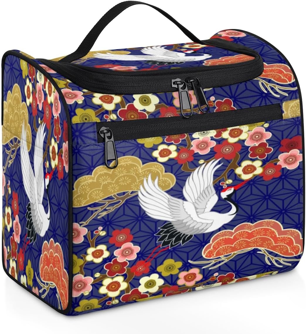 Crane Heron Japanese Pattern Travel Toiletry Bag for Men and Women Large Hanging Toiletry Organizer Waterproof Hygiene Bag with Metal Hook, Crane Heron Japanese Pattern, 10.2 x 6.5 x 9.2 inches