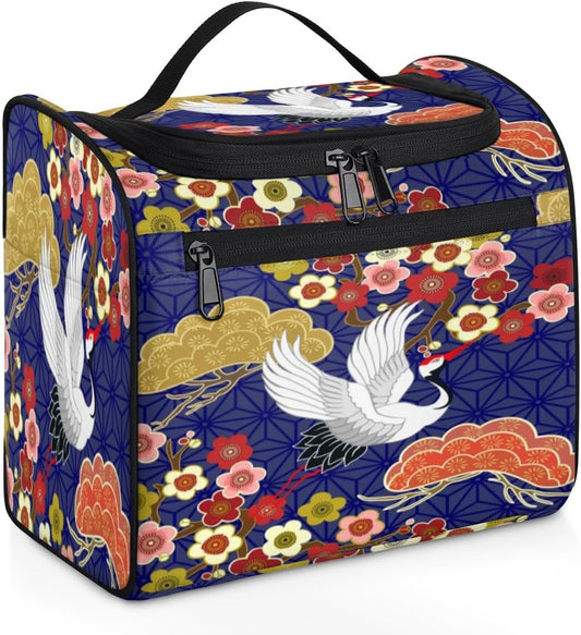 Crane Heron Japanese Pattern Travel Toiletry Bag for Men and Women Large Hanging Toiletry Organizer Waterproof Hygiene Bag with Metal Hook, Crane Heron Japanese Pattern, 10.2 x 6.5 x 9.2 inches