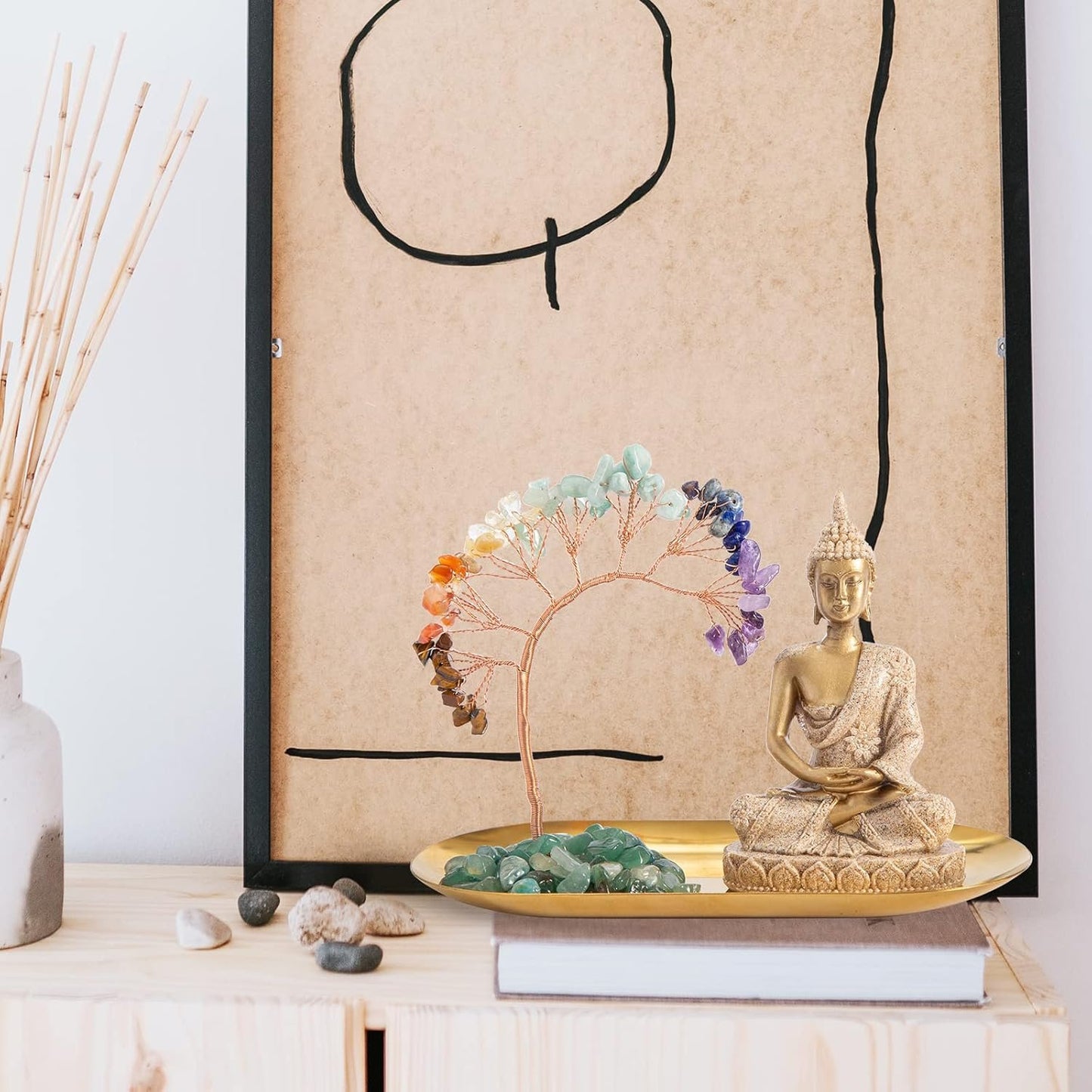 7 Chakra Healing Crystal Tree and Zen Statue, Sakyamuni Buddha Statue, Meditation Chakra Decoration, Home, Shelf, Office, Mantle Decoration, Good Luck，Health and Wealth