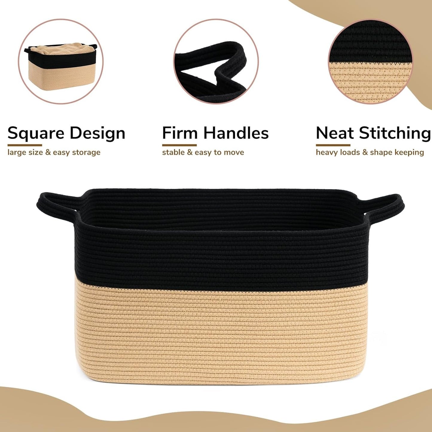 Goodpick Woven Basket for Storage 65L, Blanket Basket for Living Room Home Décor ,Rectangle Rope Laundry Basket with Handles Large Toy Storage Basket for Baby, Kids, 21.6" x 14.9" x 11.8"