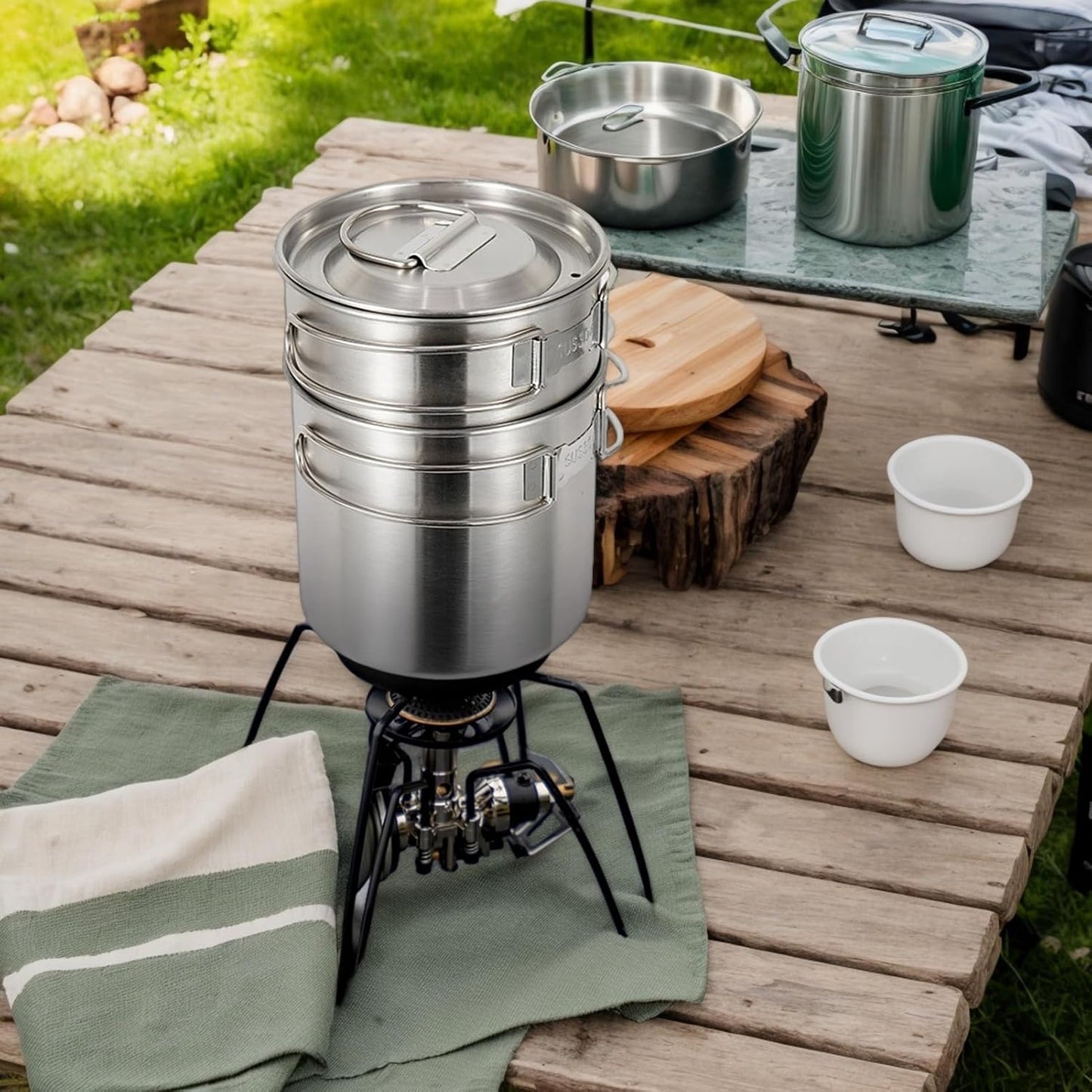 Camping Cookware, Stainless Steel Backpacking Cooking Set, Compact Folding Outdoor Cooking Gear, Heat-Resistant and Sturdy Pot Kit, Lightweight Travel-Friendly Design, 1000ml/700ml