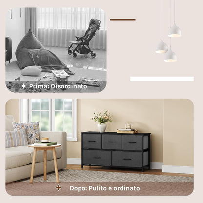 WOLTU Bedroom Chest of Drawers with 5 Drawers with 2 Tiers in Fabric, Industrial Cabinet, Metal and Wood Frame, Wood Effect, Black+Dark Grey, 100 x 30 x 54 cm