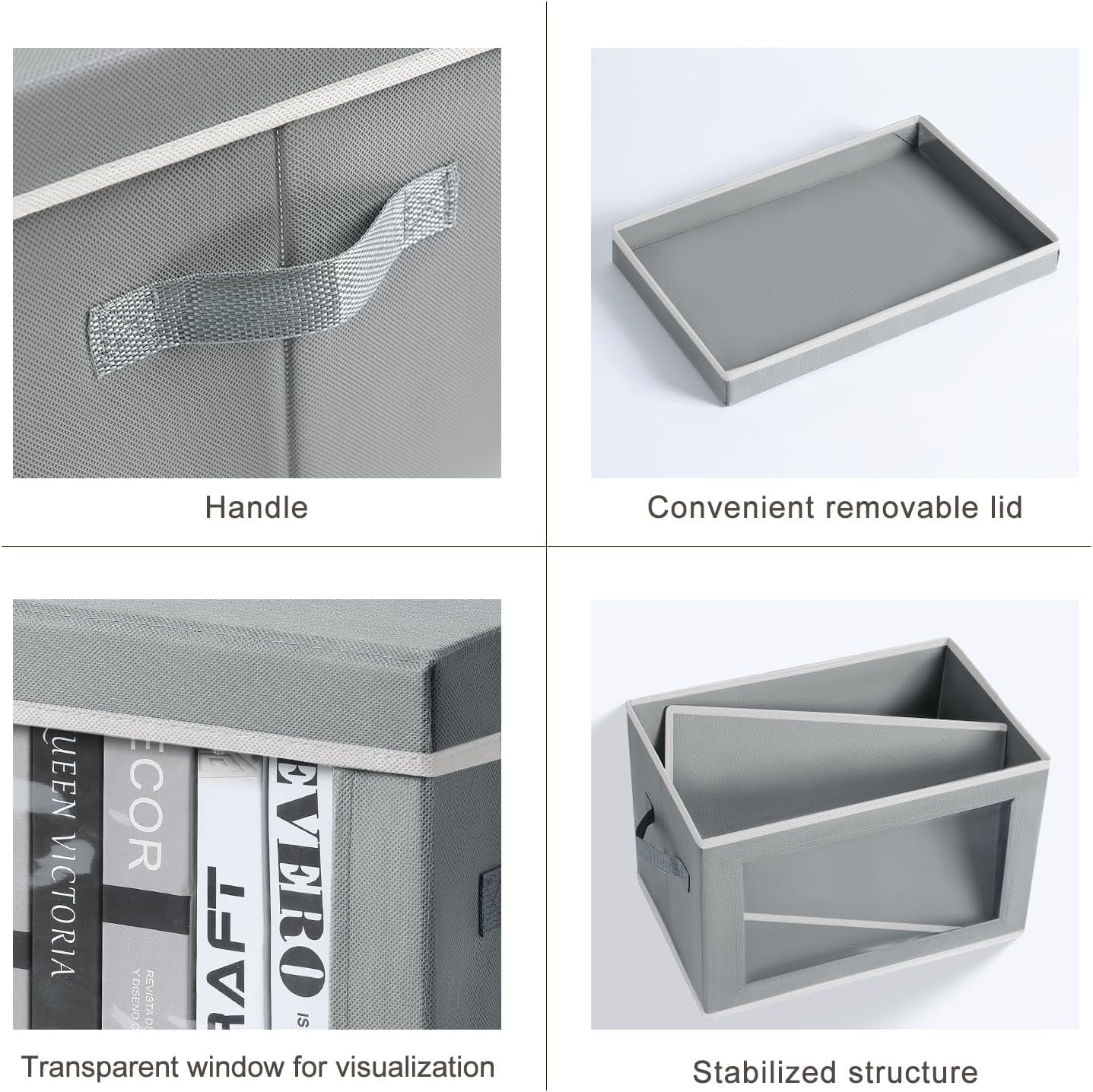 DIMJ 4Pcs Storage Bins with Lid, Collapsible Storage Box with Portable Handle and Transparent Viewing Window,Foldable Storage Box Stackable Storage Containers for Clothes Books Light-Grey
