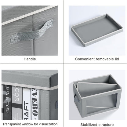 DIMJ 4Pcs Storage Bins with Lid, Collapsible Storage Box with Portable Handle and Transparent Viewing Window,Foldable Storage Box Stackable Storage Containers for Clothes Books Light-Grey