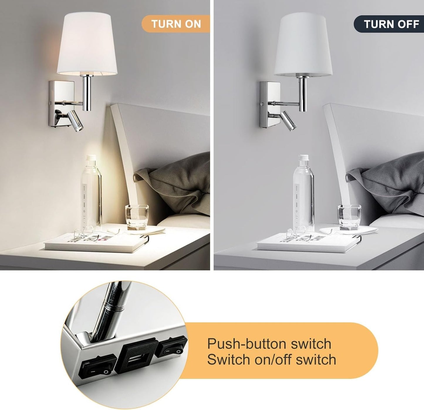 HARPER LIVING 1xE27/ES Up Down Wall Adjustable LED Reading Light, 1 USB Port and 2 On/Off Switches, Finish, Fabric (Cylinder Shade), Metal, Polished Chrome and White