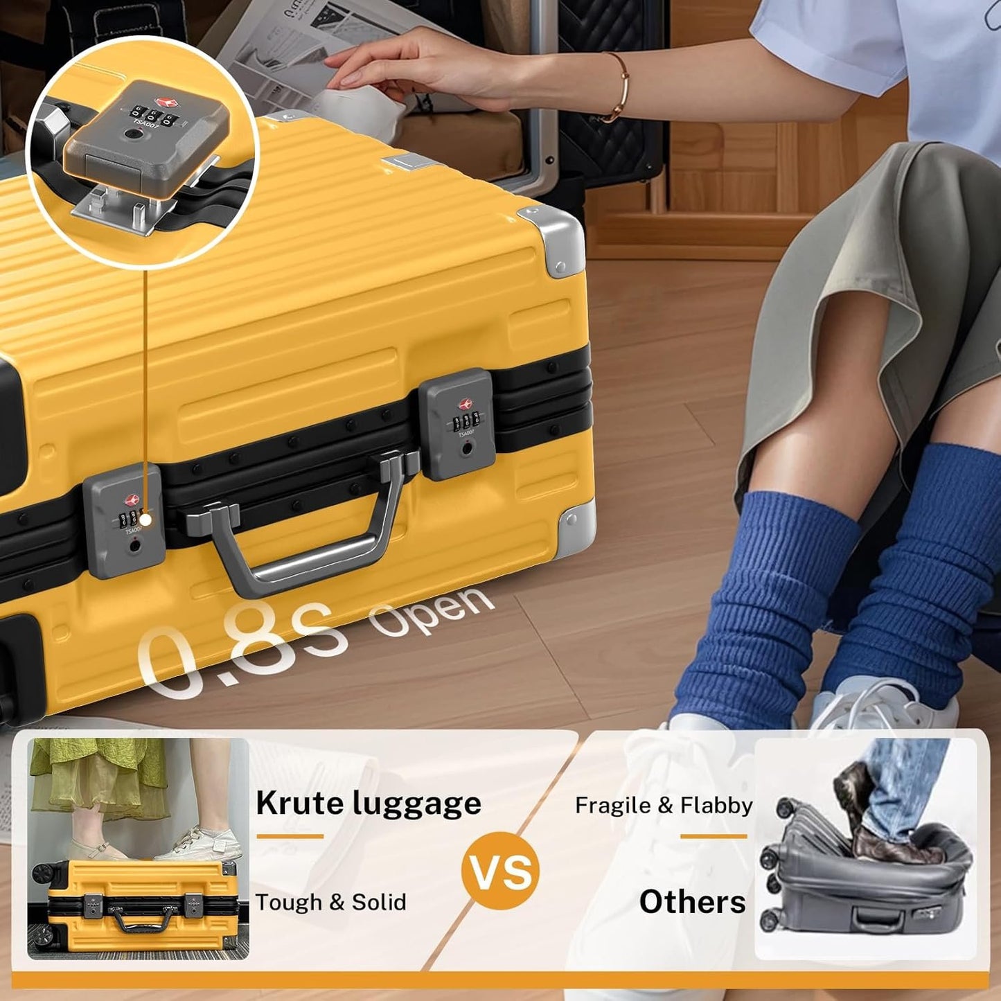 Krute Carry On Luggage PC+ABS Luggage Aluminum Frame Zipperless Lightweight Hardshell Suitcase with TSA Lock Spinner Wheels 20 Inch Yellow