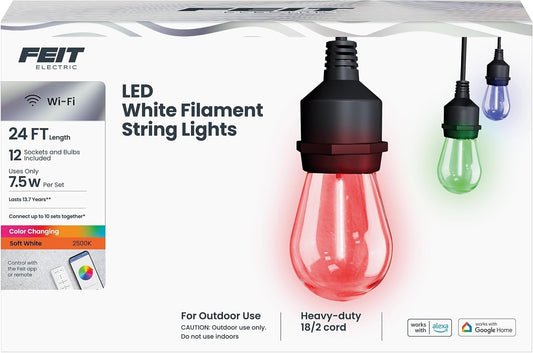 Feit Electric 24ft Smart Outdoor String Light, White Filament, Color Changing, Alexa/Google Compatible, 2.4Ghz WiFi Enabled, Heavy-Duty 18/2 Cord, Linkable, App/Remote Controlled, SL24-12/RGBW/WFIL/AG
