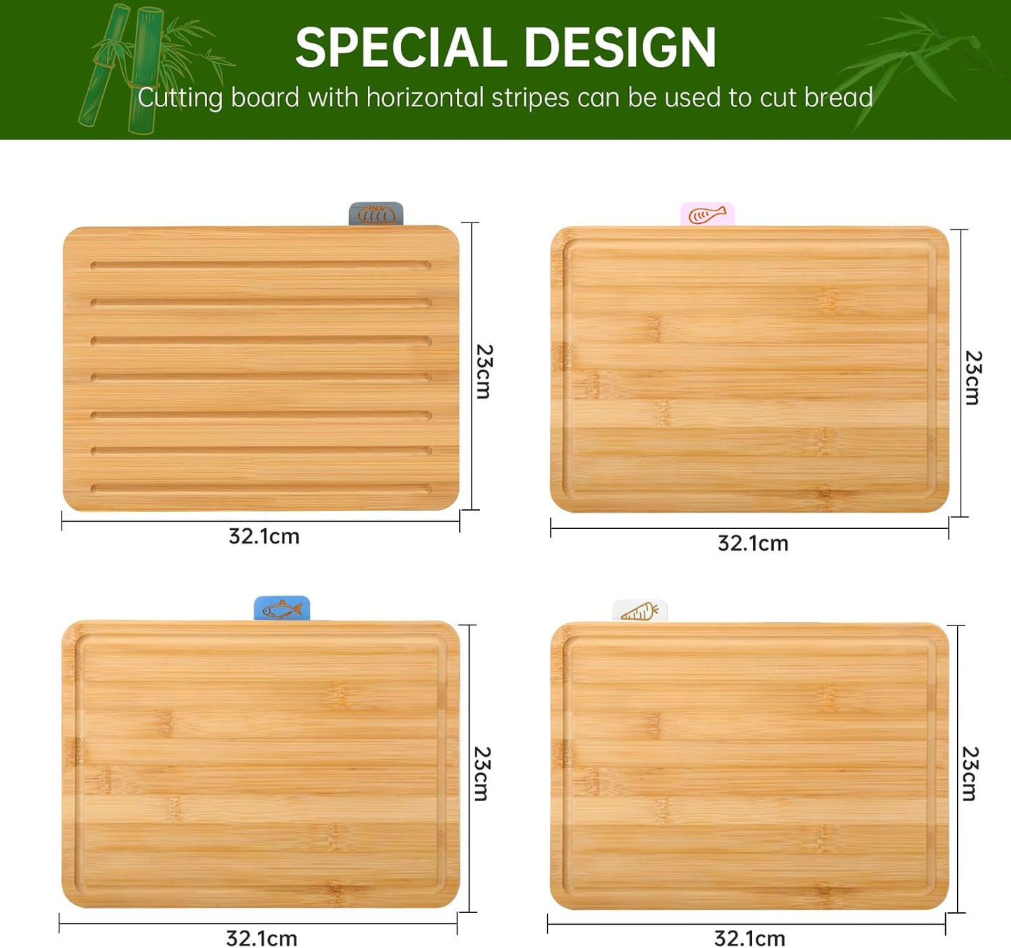 Bamboo Chopping Board, Cutting Board Set with Juice Groove, 4 Pieces Chopping Board Set with Stand, Perfect as Kitchen Tools & Gadgets, for Meat Prep Cheese Vegetables and Fruits