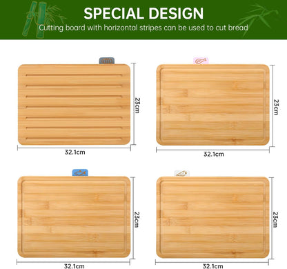 Bamboo Chopping Board, Cutting Board Set with Juice Groove, 4 Pieces Chopping Board Set with Stand, Perfect as Kitchen Tools & Gadgets, for Meat Prep Cheese Vegetables and Fruits