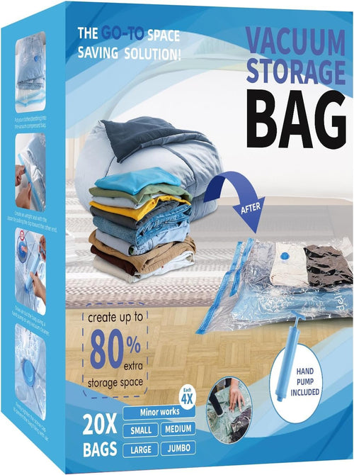 KFYM 20 Pack Vacuum Storage Bags, Space Saver Bags with Hand Pump, Vacuum Seal Bags for Clothing, Organization and Storage, Comforters, Pillows, Towels, Blankets, Bedding, Moving Supplies