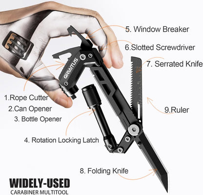 Carabiner Multitool, EDC Carabiners with Pocket Knife, Serrated Knife, Rope Cutter, Screwdriver, Can Bottle Opener, Ruler, Survival Gear for Camping Climbing Outdoor Accessories, Gifts for Men