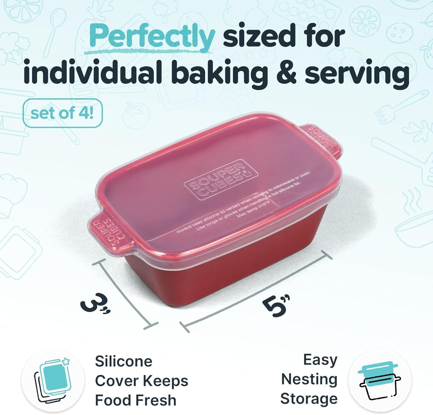 Souper Cubes Stoneware - 5" Square Casserole Dish with Silicone Covers - Ceramic Bakeware Set - Kitchen Utensils and Bakeware - 4 Pack - Cranberry