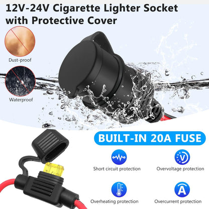 Hoembpn 2M Car Cigarette Lighter Socket Extension Cable 12V / 24V Cigarette Lighter Adapter 15AWG 20A Car Charger to Dual USB Port Cigarette Lighter 12 V/24 V for Car, Truck, Truck