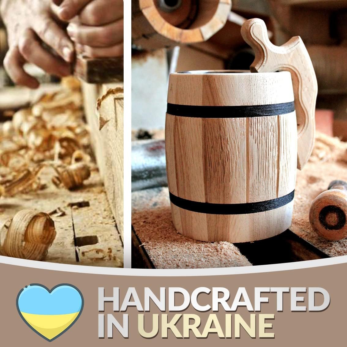 Handmade Oak Wood Beer Mug Stainless Steel Mug Natural and Eco-Friendly 0.6L 20oz Barrel Brown