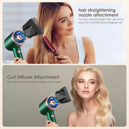Ionic Hair Dryer, Hair Towel, Folding Comb, Folding Brush, Hair Towels, Hair Dryer with Hot/Cold Button, 3 Temperatures, 3 Speed, Shower Caps (Green)