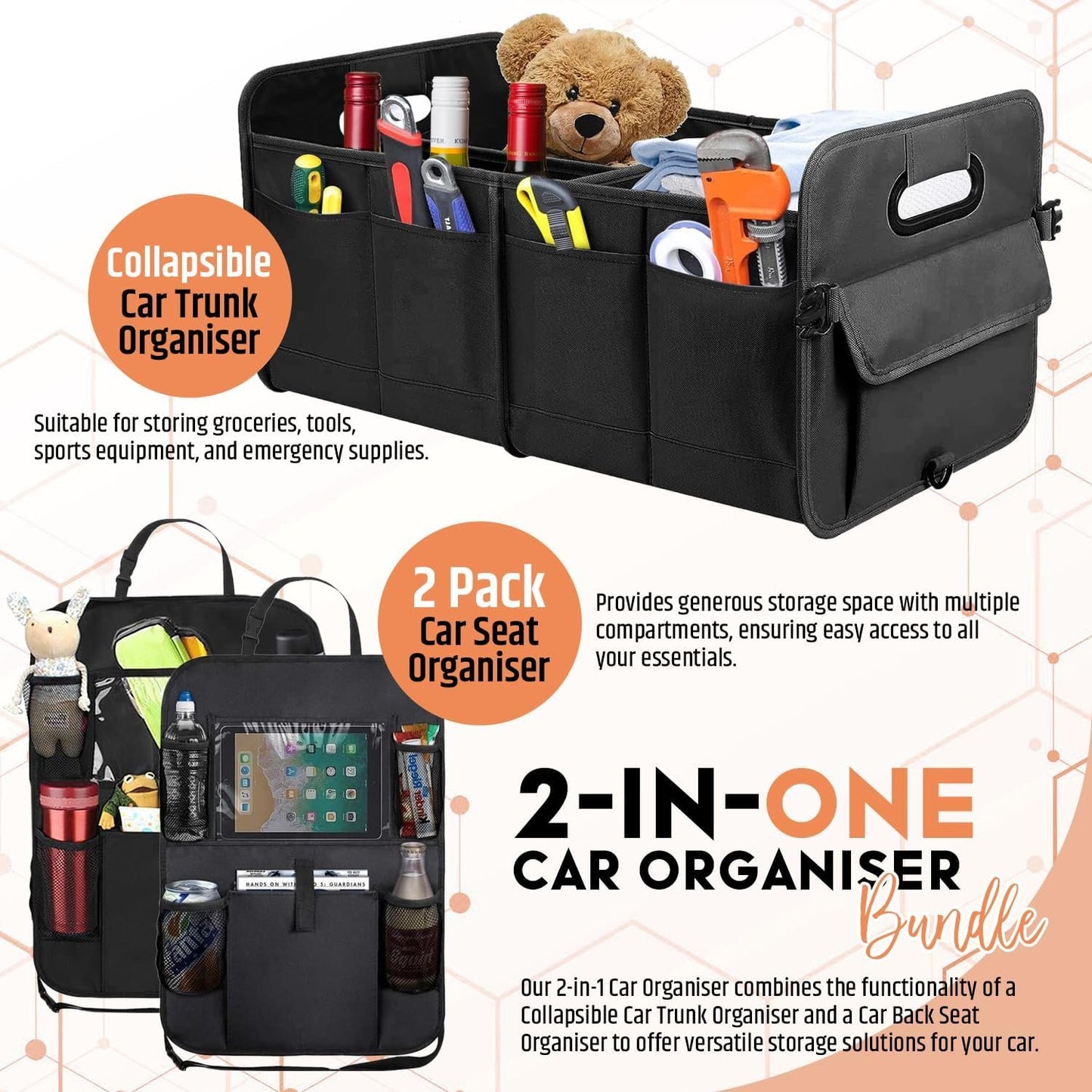 Car Boot Organiser with Super Capacity Storage â€“ Collapsible, Car Trunk Organizer with Reinforced Handles, Adjustable Straps & Non-Slip Bottom â€“ 2 Seatback Organisers for SUVs, Sedans, & RVs - Black