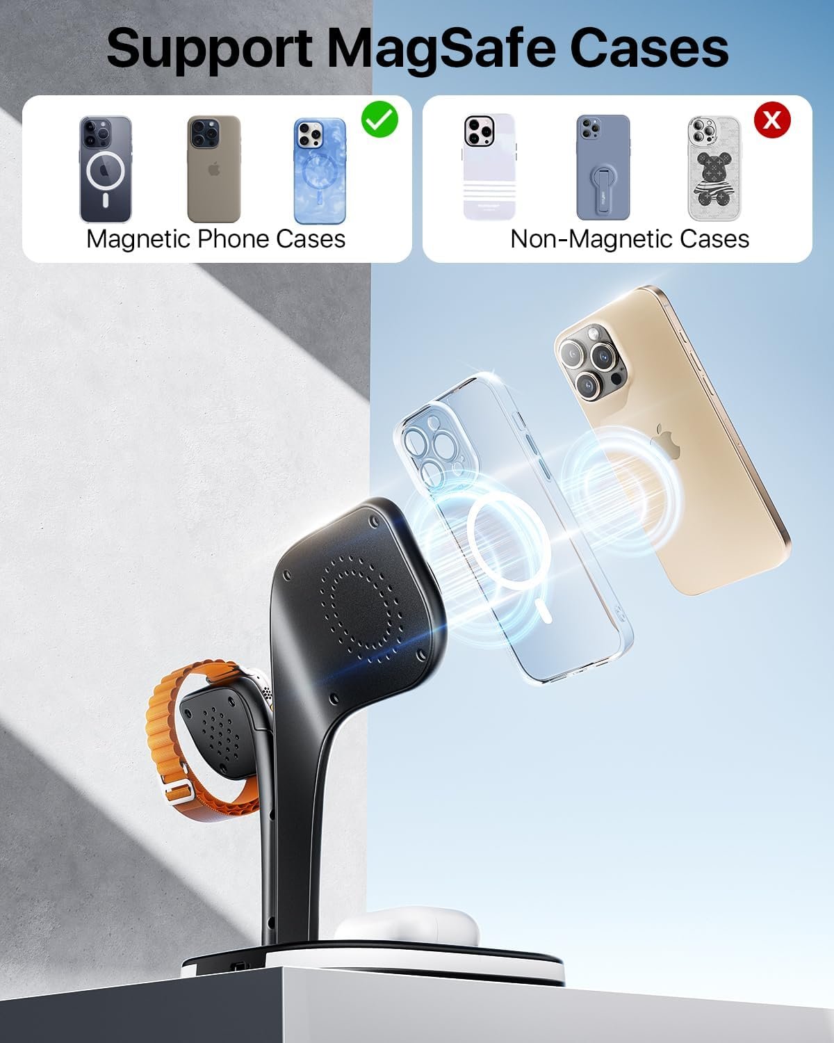 EXW Magnetic Charging Station, 3 in 1 Fast Mag-Safe Wireless Charger Stand for iPhone 16,15,14,13,12 Pro/Max/Mini/Plus, Apple Watch 2-10/SE and Airpods 4/3/2/Pro/Pro 2 with LED and Adapter (Black)