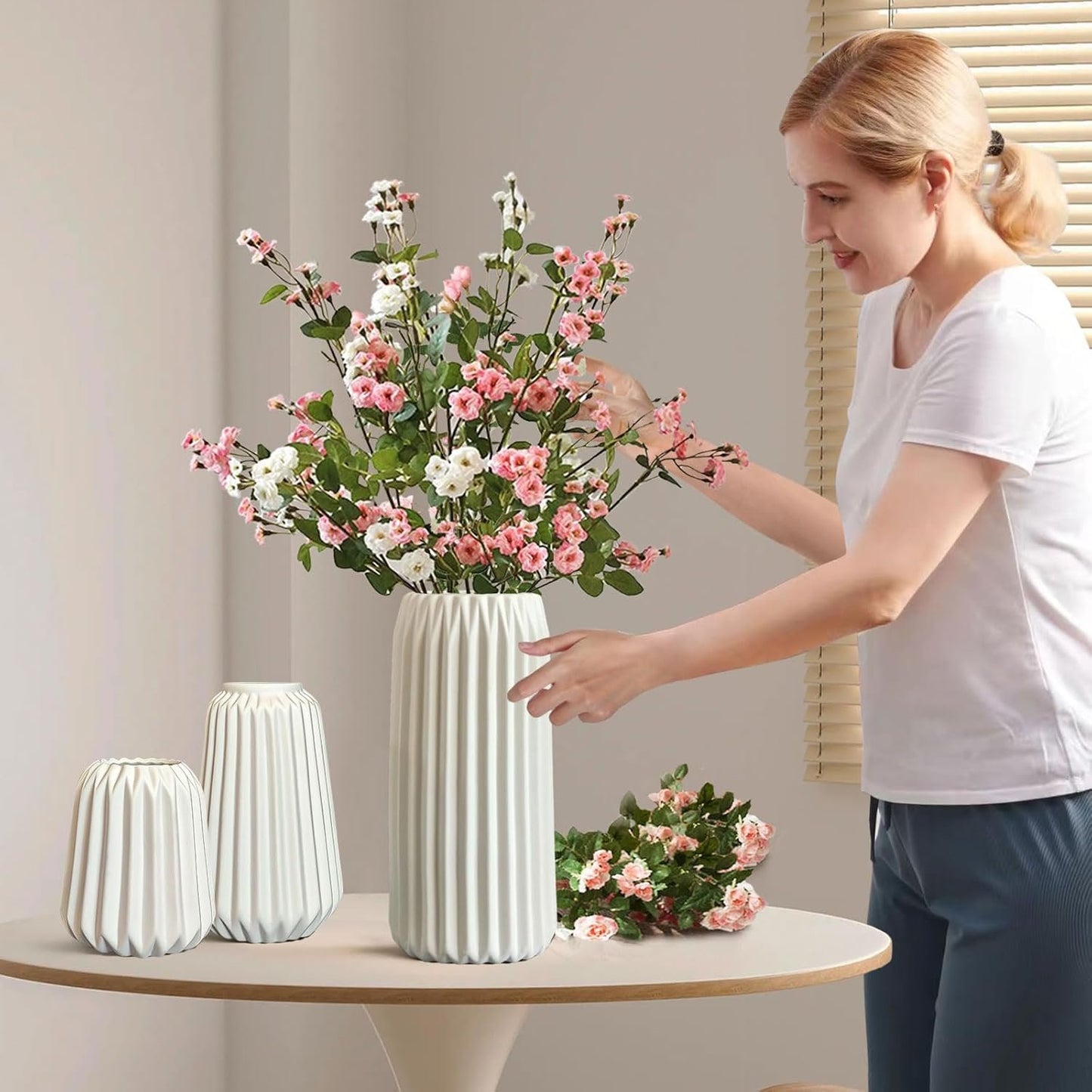 Deco Vases - Set of 3 White Ceramic Vases for the Modern Home, Opaque Deco Vases for Pampas Grass, Deco Vase Aesthetic Neutral Boho Scandinavian Flower Vases Decoration