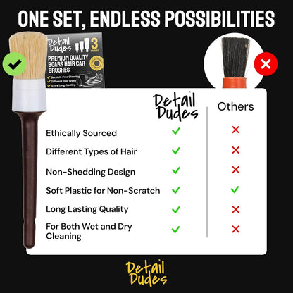 Soft Boars Hair Car Detailing Brush Set for Washing (3 Pack) - Car Detailing Kit - Automotive Cleaning Brush