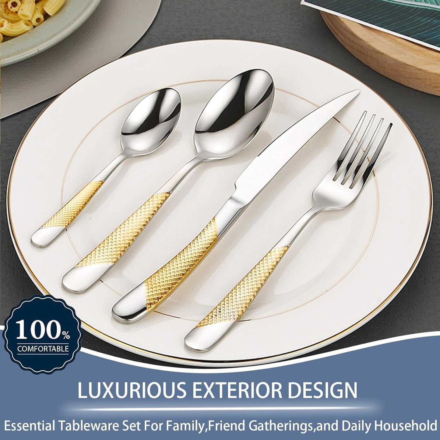 Gold Silverware Set, 24 Pieces Flatware Set with Silverware Holder, Stainless Steel Knives and Forks and Spoons Cutlery Set for 6, Kitchen Utensil Tableware Set with Antiskid Handle (Golden & Silver)