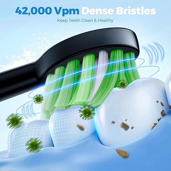 Electric Toothbrush for Adults – 42000 VPM Deep Clean Sonic Toothbrush with 6 Dupont Brush Heads & Travel Case, 4 Modes, 2-Minute Smart Timer, IPX7 Waterproof & USB Rechargeable