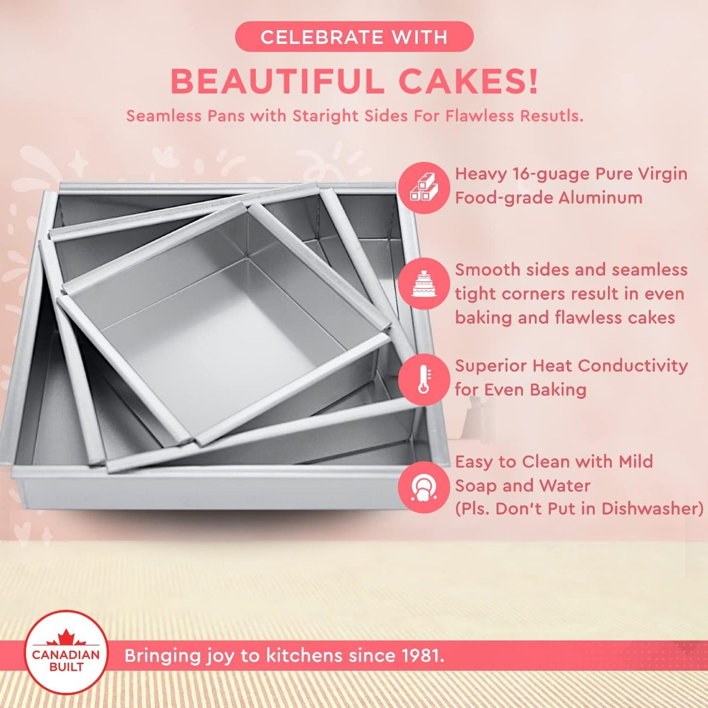 Crown 6 inch Square Cake Pan, 3" Deep, Heavy Duty, Straight Edges, Pure Aluminum, Made in Canada