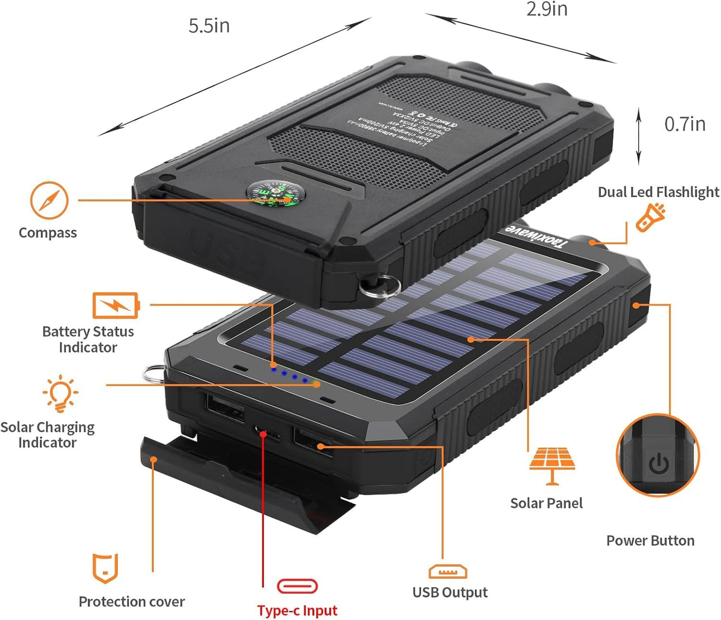 Solar Power Bank, Portable Charger,Fast Charging 38800mAh Waterproof Portable External Backup Battery Pack Power Bank,Camping Solar Charger with Dual USB/Flashlight and Compass (Black)