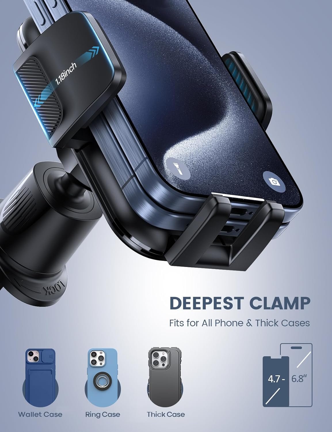 Lamicall Car Vent Phone Mount - 2024 Wider Clamp & Metal Hook Air Vent Phone Holder Cradle, [Thick Cases Friendly] Cellphone Vent Clip, 360 Adjustable Stand for iPhone 15 14 13 Pro Max (Lucite Black)