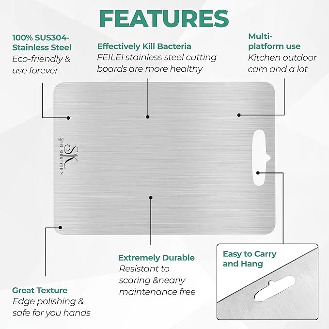Stainless Steel Cutting Board (15x11')- Double Sided for Meat & Meal Prep, Dishwasher Safe, Non Slip