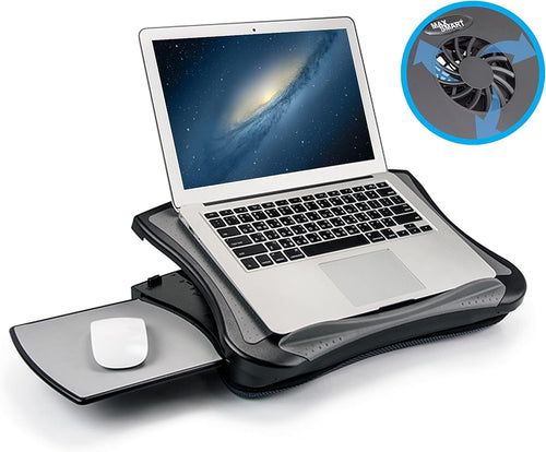 Gaming Laptop Desk Car Stand - Cushioned Cooling Pad Adjustable for Universal Couch Office Use w/ Right Left Mouse Tray and Fan